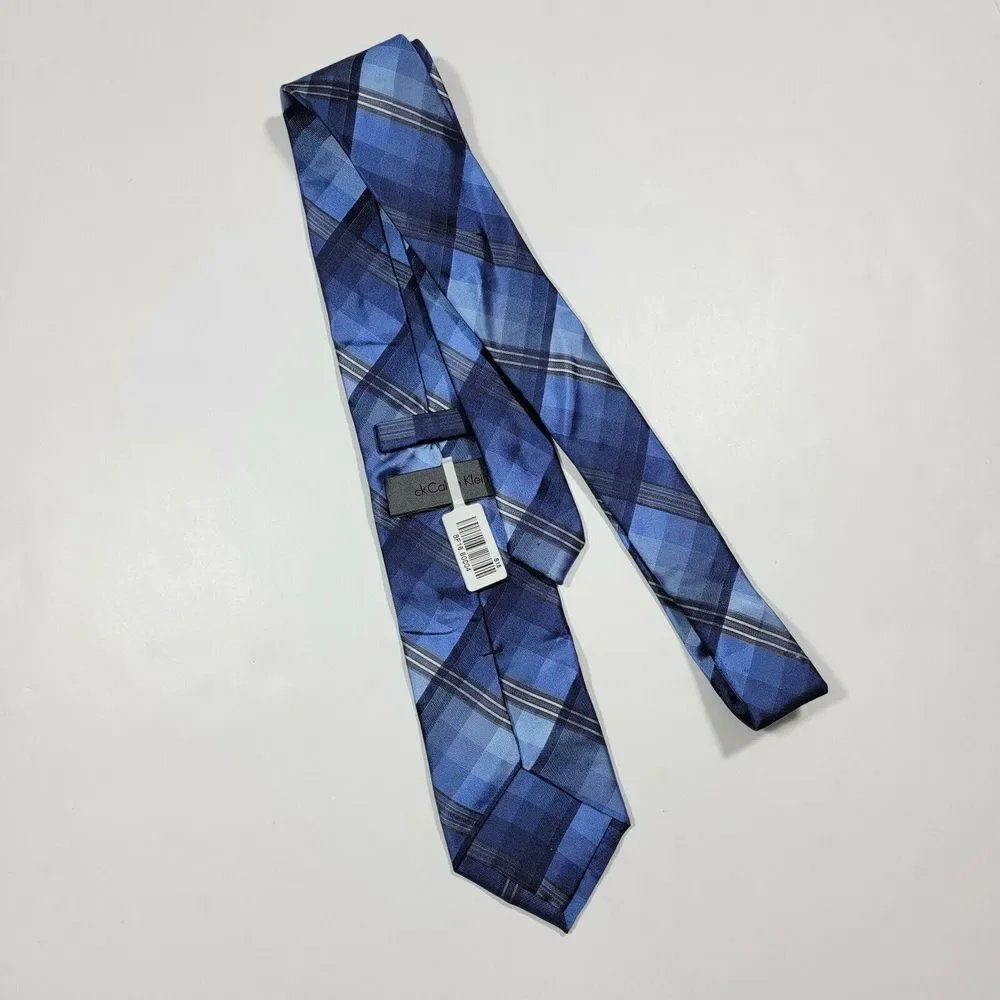 Calvin Klein Neck Tie -‎ Plaid - Navy Blue - Silk - NEW